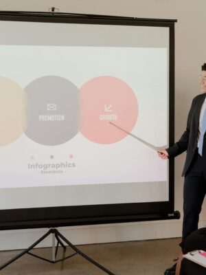 A professional presenting growth strategy with infographics during a business meeting.